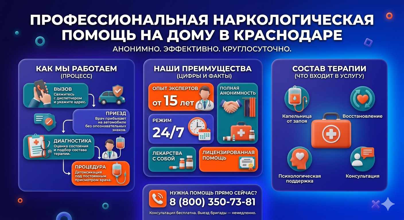 Инфографика о принципах лечения алкоголизма на дому в Вяземском: этапы вызова нарколога, преимущества анонимной детоксикации и состав медицинской помощи.